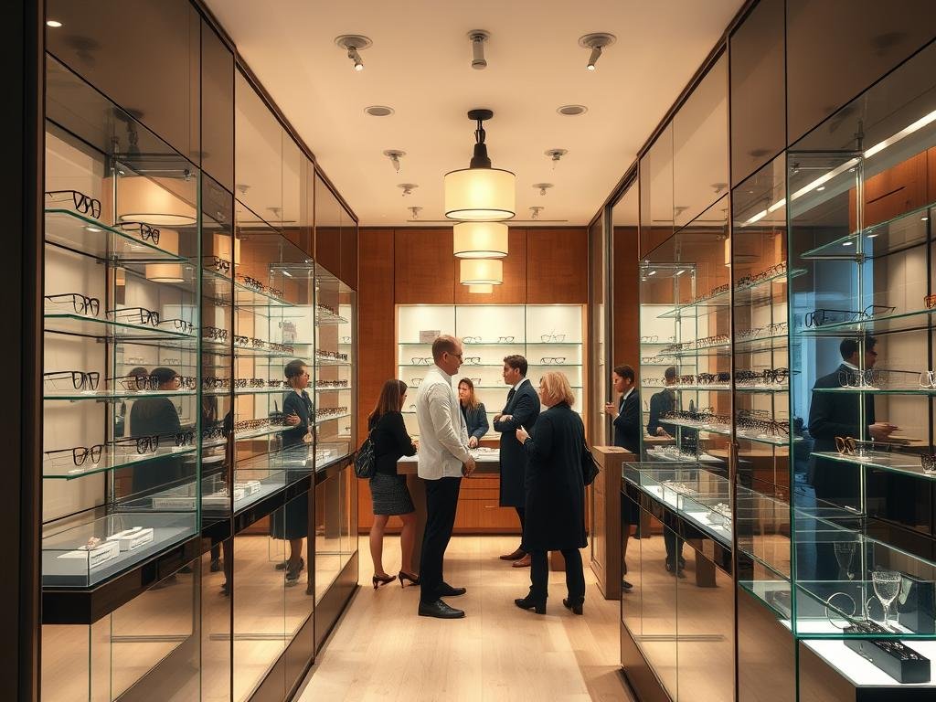 Intérieur moderne d'un magasin d'optique à Paris 5 avec présentoirs de lunettes
