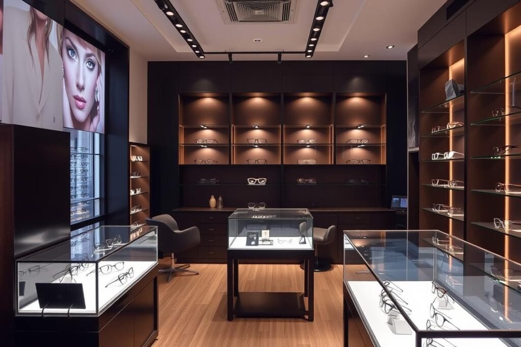 Intérieur moderne d'un magasin d'optique à Rennes avec présentoirs de lunettes