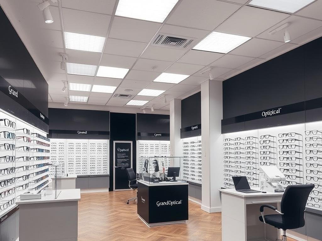Intérieur spacieux de Grand Optical à Reims avec large sélection de montures de marques