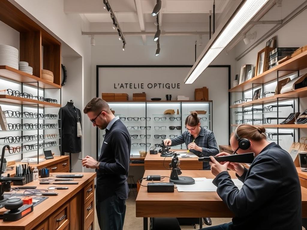 L'Atelier Optique montrant l'espace atelier où les opticiens ajustent et personnalisent les montures avec des outils spécialisés