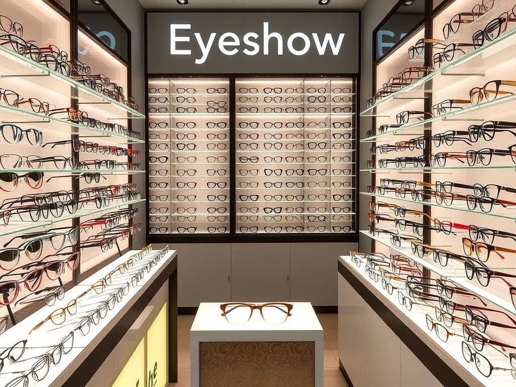 Large sélection de montures de lunettes chez Eyeshow, montrant différents styles et couleurs arrangés sur des présentoirs élégants