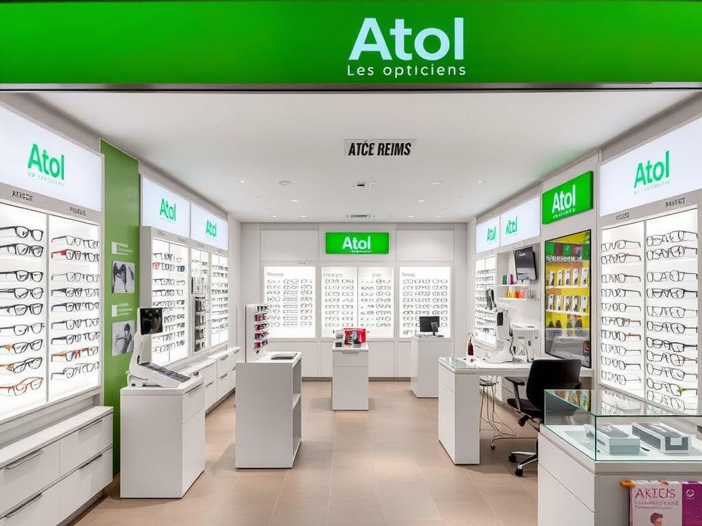 Magasin Atol Les Opticiens à Reims avec présentoirs de lunettes et espace d'examen de vue