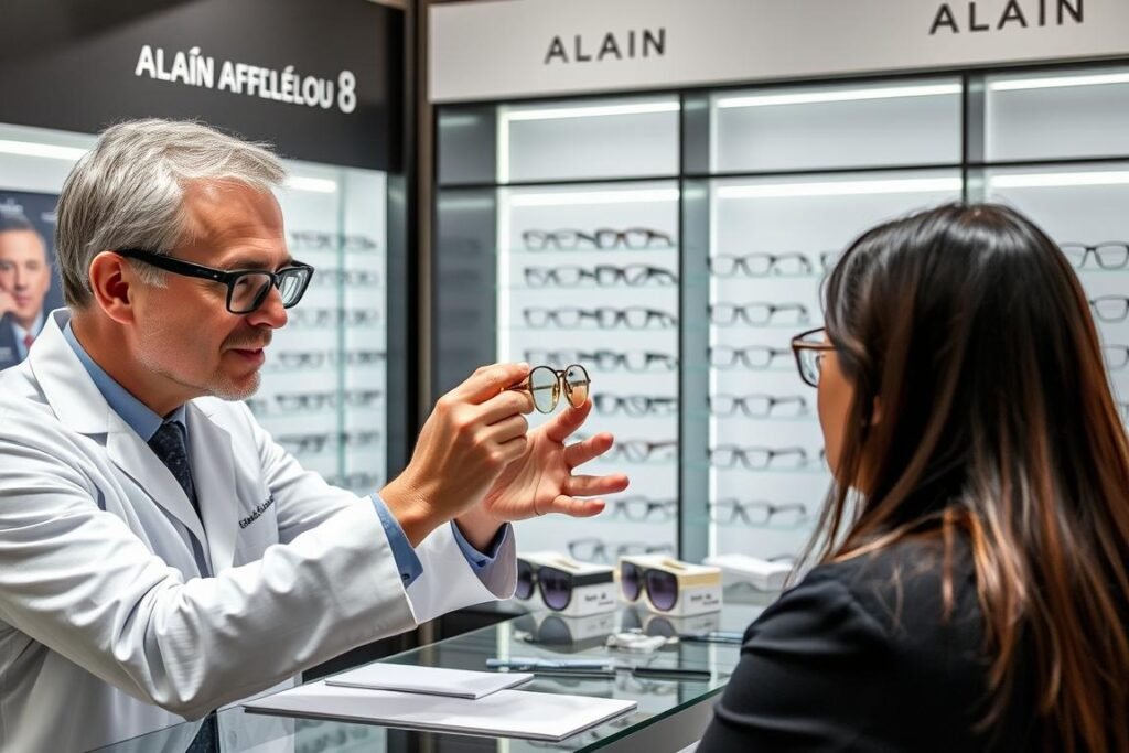 Opticien Alain Afflelou présentant les verres innovants Forty à un client