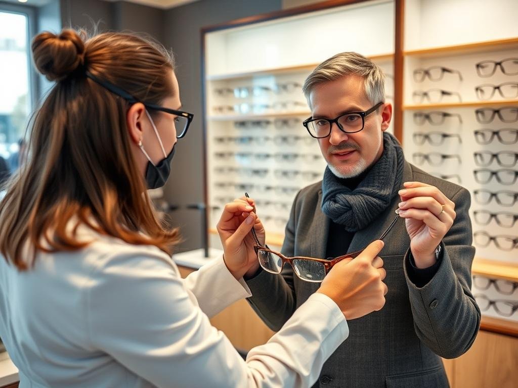 Opticien Atol présentant différentes montures à un client à Strasbourg