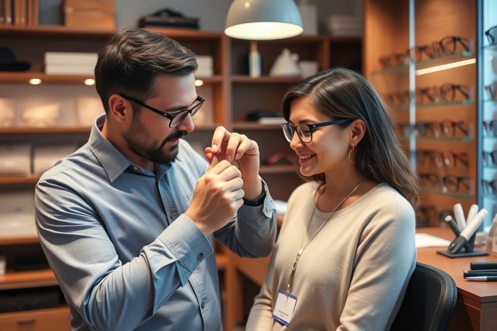 Opticien Atol réalisant un ajustement personnalisé de lunettes pour un client