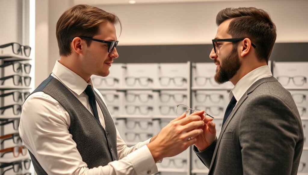 Opticien à Lyon 6 conseillant un client pour le choix de lunettes adaptées à la forme de son visage
