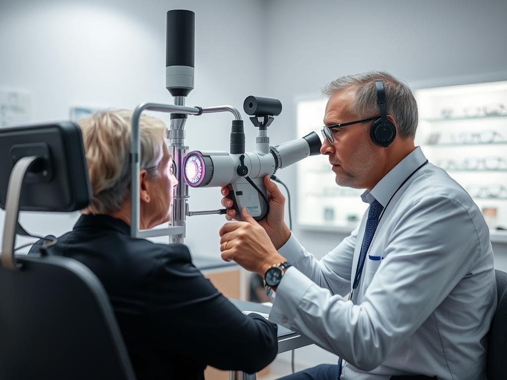 Opticien à Montpellier réalisant un examen de vue avec équipement moderne