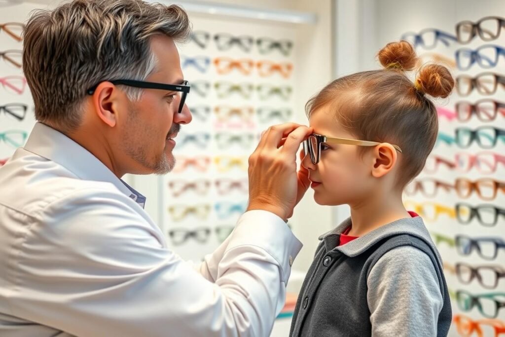 Opticien ajustant des lunettes pour un enfant dans une boutique du 5e arrondissement
