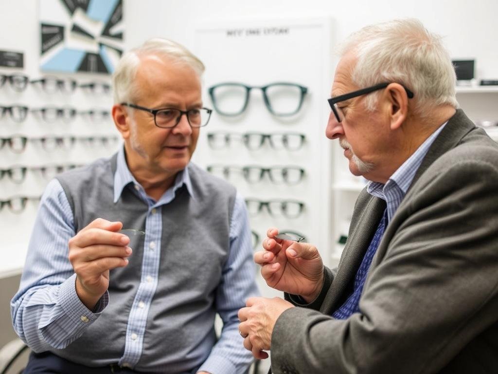 Opticien des Opticiens Mutualistes expliquant les options de verres progressifs à un client à Strasbourg
