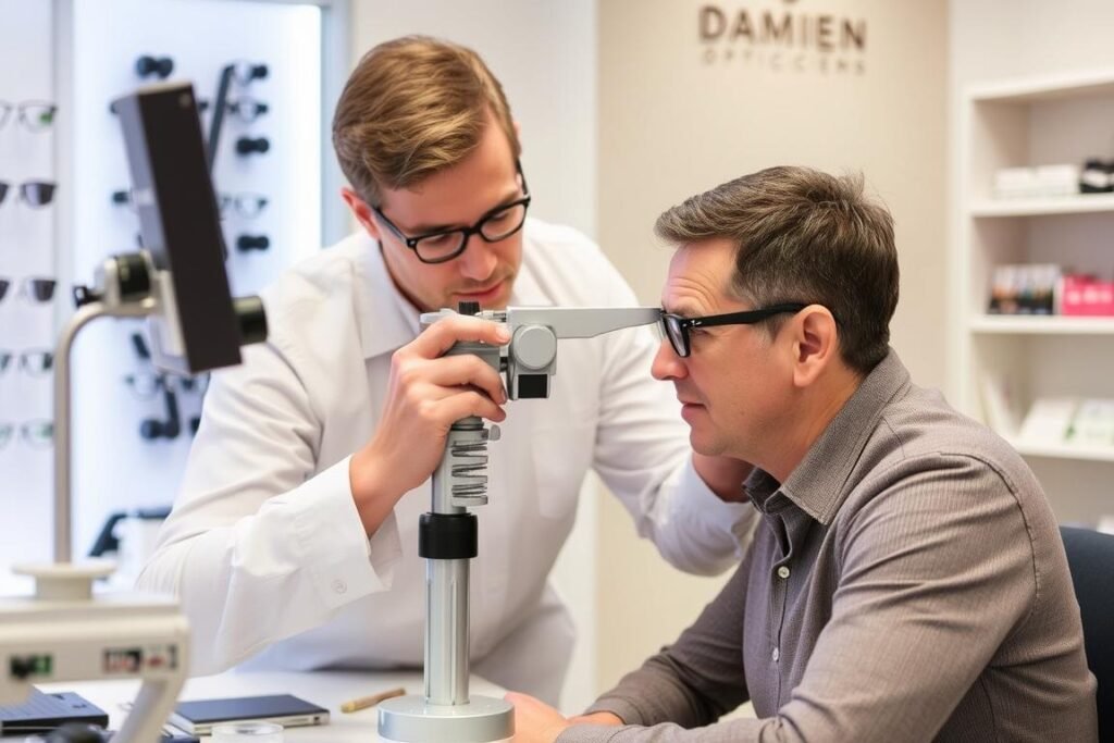 Opticien réalisant un ajustement précis de lunettes chez Damien Opticiens