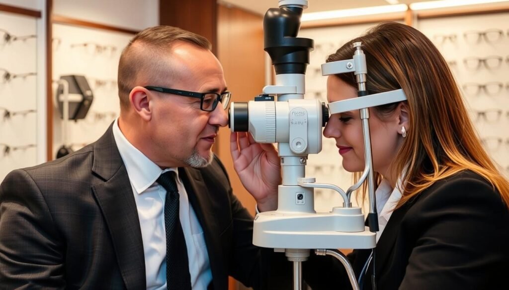 Opticien réalisant un examen de vue précis avec équipement moderne dans une boutique d'optique à Paris 2