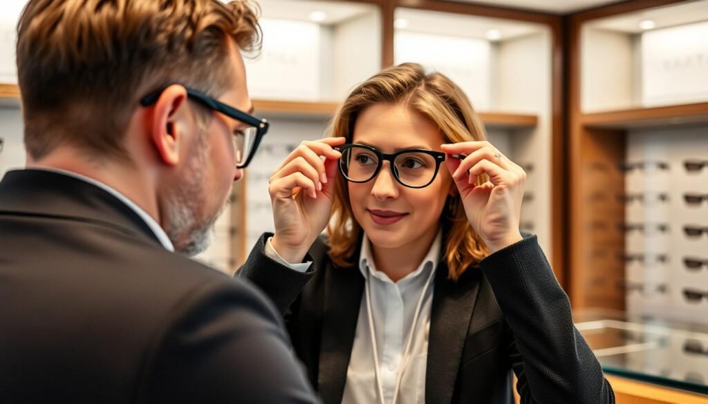 Personne essayant des lunettes chez un meilleur opticien à La Rochelle avec l'aide d'un professionnel