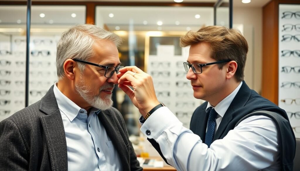 Personne essayant des lunettes chez un opticien du 14ème arrondissement de Paris
