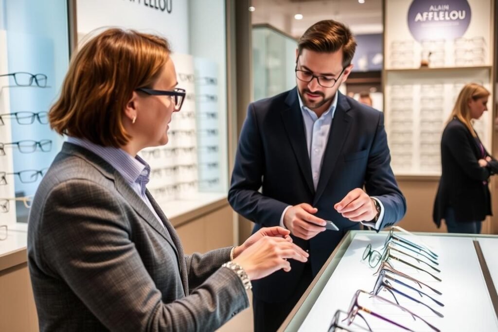 Présentation de lunettes chez Alain Afflelou Mulhouse avec un opticien conseillant un client