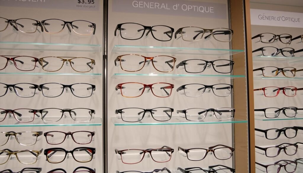 Présentoir de lunettes chez Générale d'Optique à Rouen montrant une variété de montures