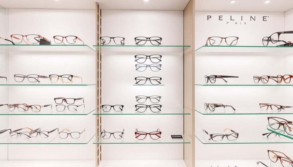 Présentoir de lunettes de créateurs dans une boutique d'optique à Rennes
