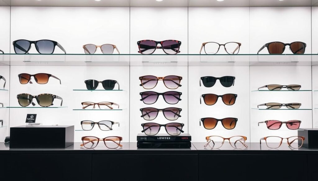 Présentoir de lunettes de soleil chez un opticien de Lyon 9