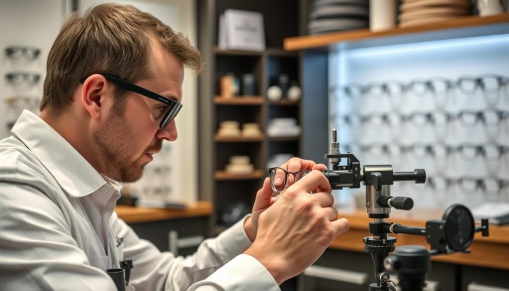 Technicien Lissac à Rouen utilisant des équipements de précision pour ajuster des lunettes