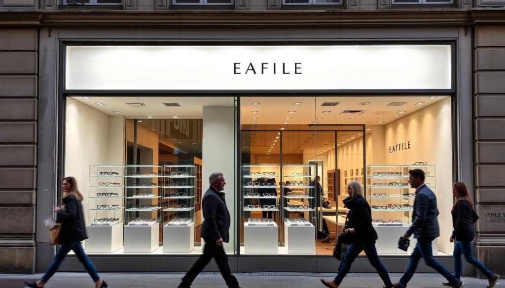 Vitrine d'un opticien à Dijon avec une sélection de lunettes de créateurs Vitrine d'un opticien à Dijon avec une sélection de lunettes de créateurs