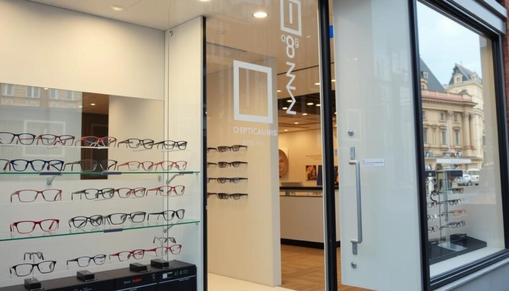 Vitrine d'un opticien à Strasbourg avec une sélection de lunettes de vue et solaires