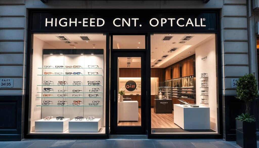 Vitrine d'un opticien dans le 2ème arrondissement de Paris montrant une sélection de lunettes haut de gamme et un espace d'accueil moderne