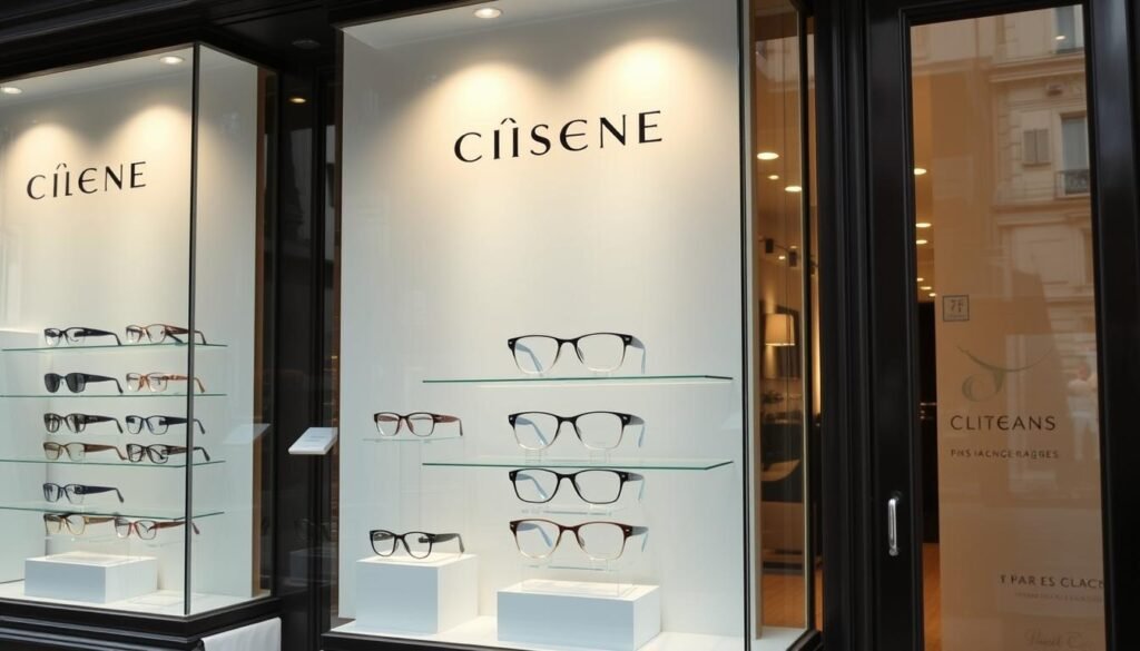 Vitrine d'un opticien de luxe dans le 8ème arrondissement de Paris montrant des lunettes de marque