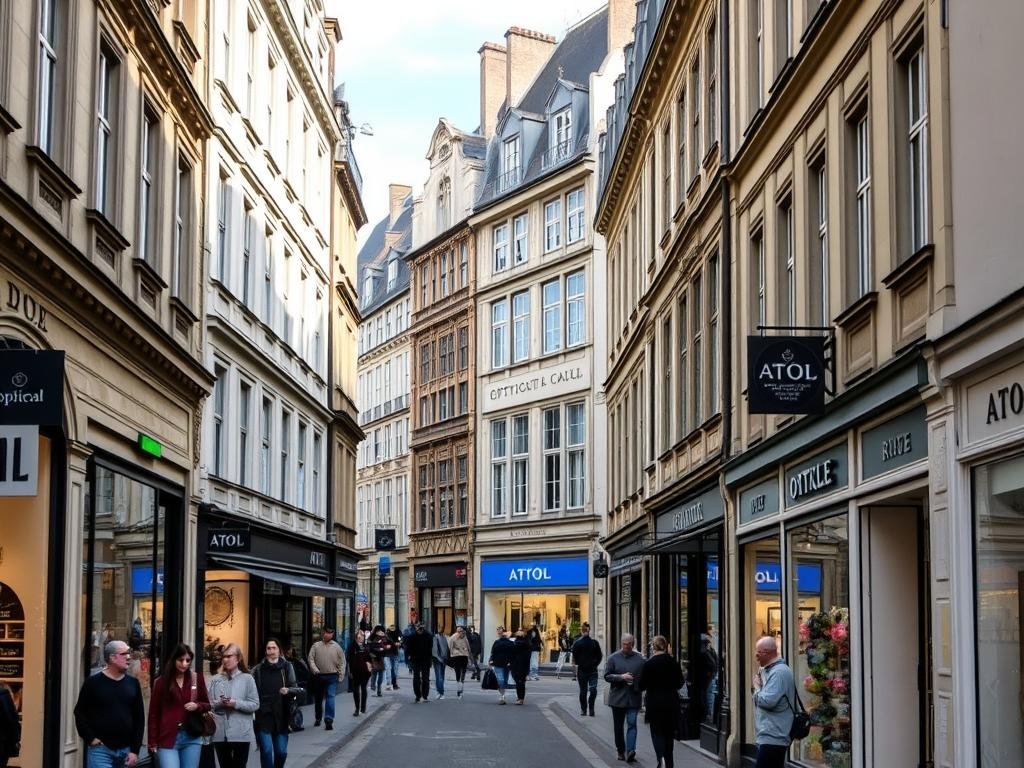 Vue de la rue de la Liberté à Dijon avec l'enseigne Atol visible Vue de la rue de la Liberté à Dijon avec l'enseigne Atol visible