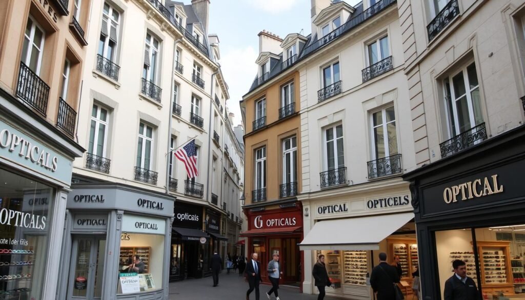 Vue d'ensemble d'une rue commerçante du 2ème arrondissement de Paris avec plusieurs boutiques d'optique