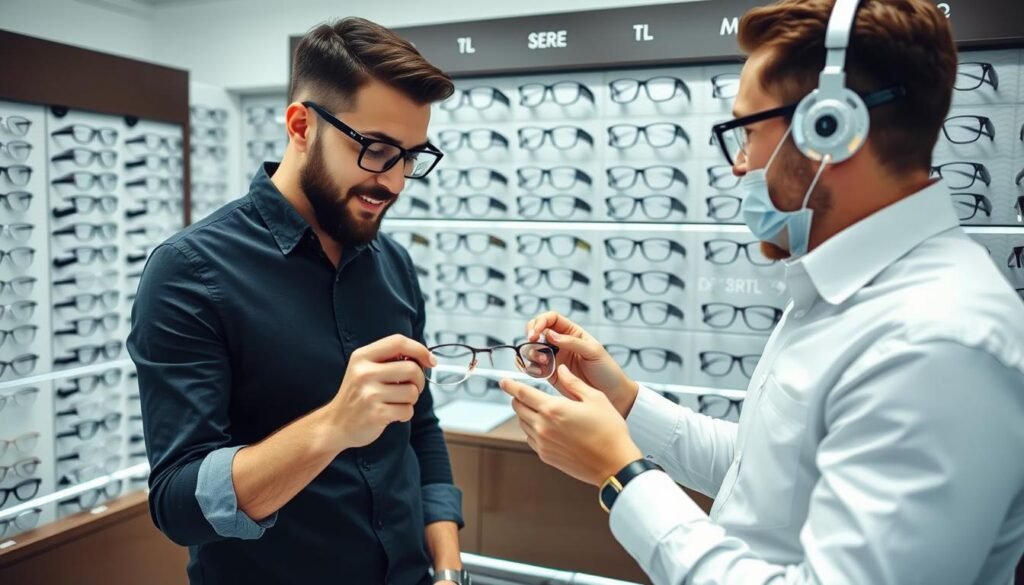 Client consultant un meilleur opticien à Épinal pour choisir des lunettes adaptées Client consultant un meilleur opticien à Épinal pour choisir des lunettes adaptées